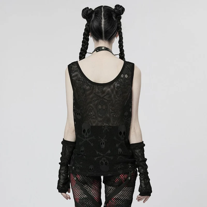 Damen Punk Skull Mesh Tank Top mit Ärmeln