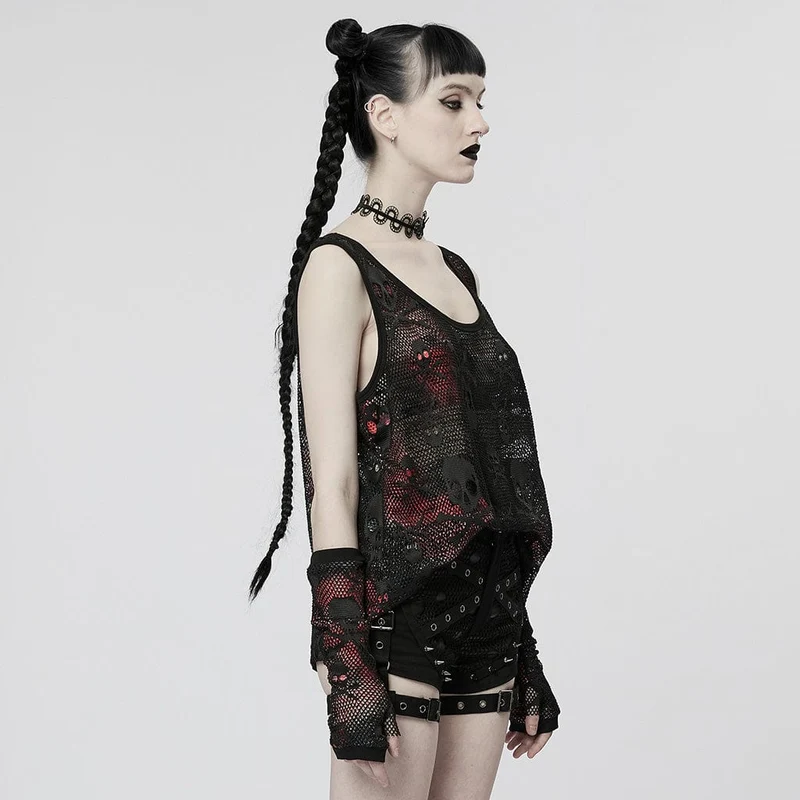 Damen Punk Skull Mesh Tank Top mit Ärmeln