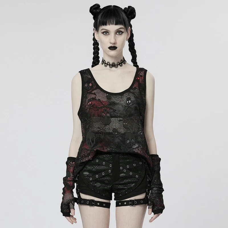 Damen Punk Skull Mesh Tank Top mit Ärmeln