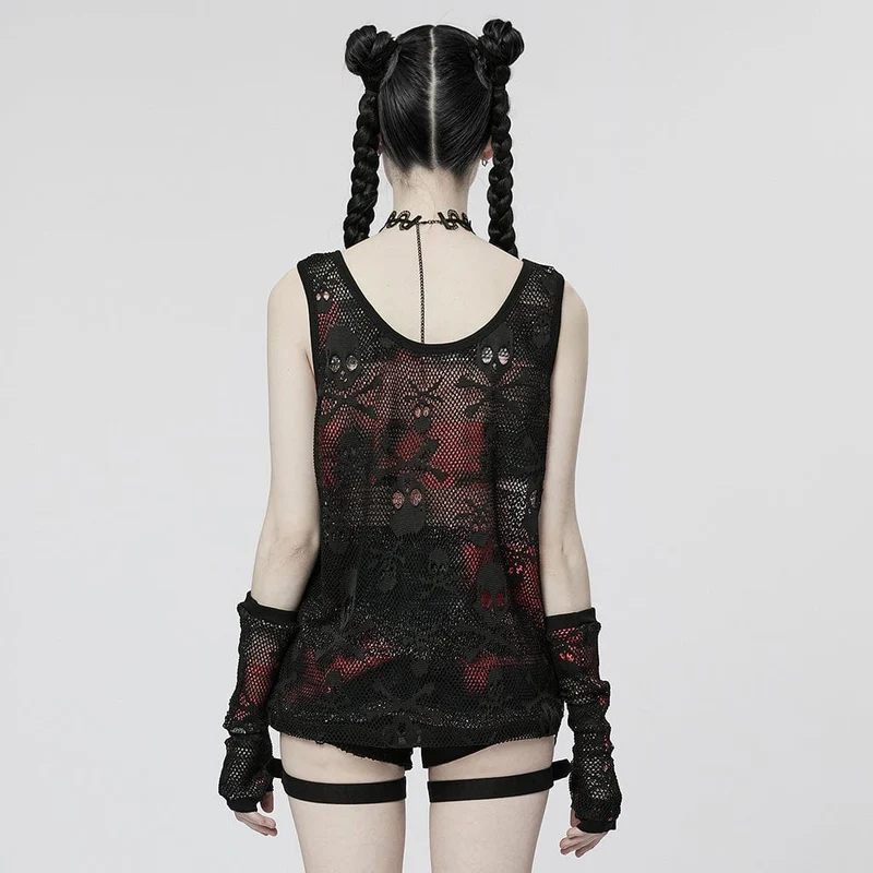 Damen Punk Skull Mesh Tank Top mit Ärmeln