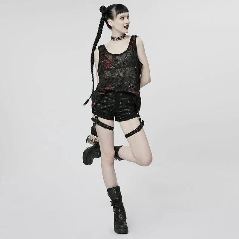 Damen Punk Skull Mesh Tank Top mit Ärmeln
