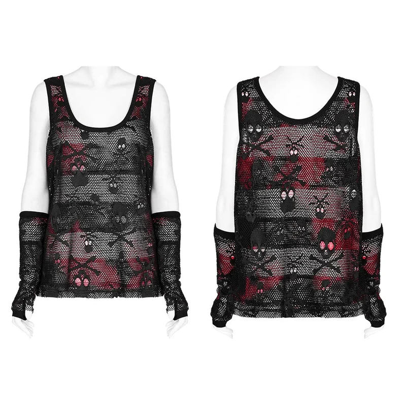 Damen Punk Skull Mesh Tank Top mit Ärmeln