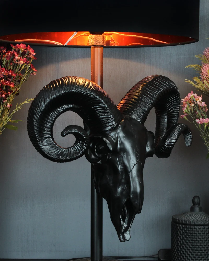 Schwarze Widder Totenschädel Lampe mit Lampenschirm 68cm