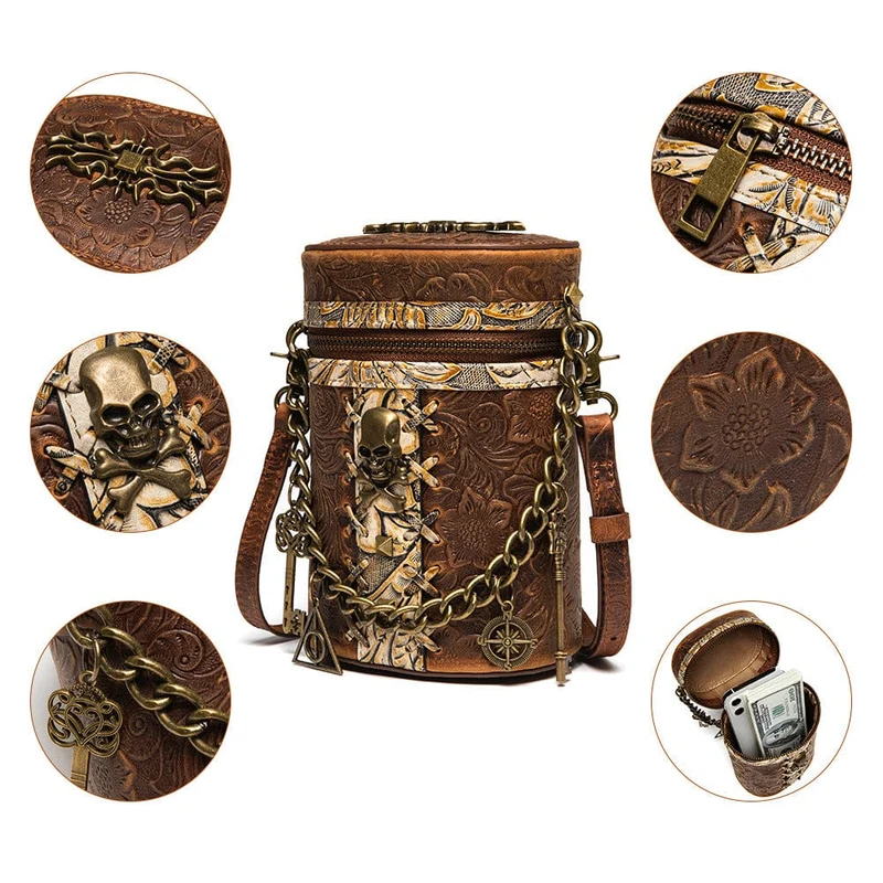 Unisex Steampunk Totenkopf geprägte Bucket Bag mit Kette