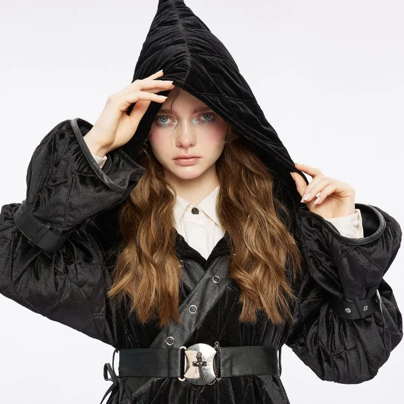 Gothic-Tauchmantel für Damen mit abnehmbarer Kapuze und Gürtel