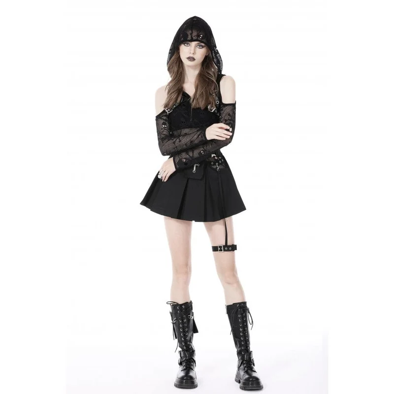 Damen Punk Off Shoulder Skull Mesh Shirt mit Kapuze