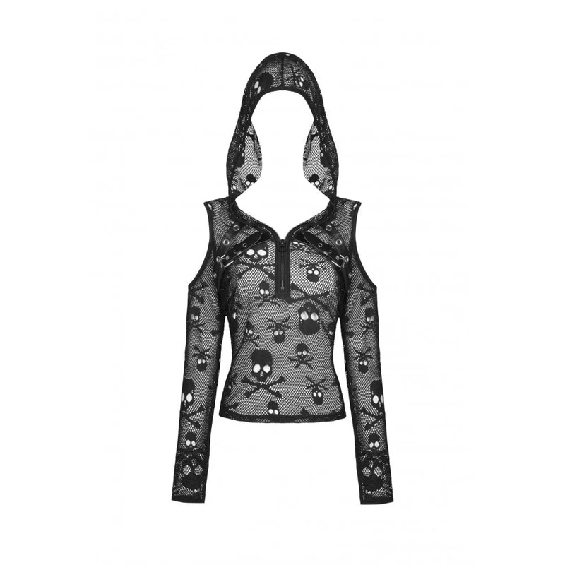 Damen Punk Off Shoulder Skull Mesh Shirt mit Kapuze