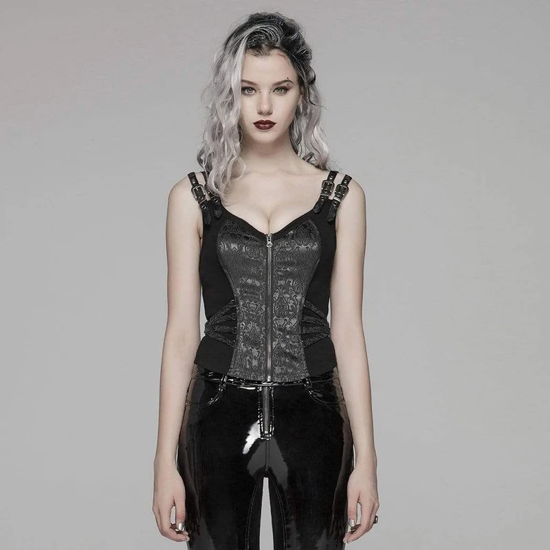 Damen Goth Front Zipper Schnürung Jacquard Weste