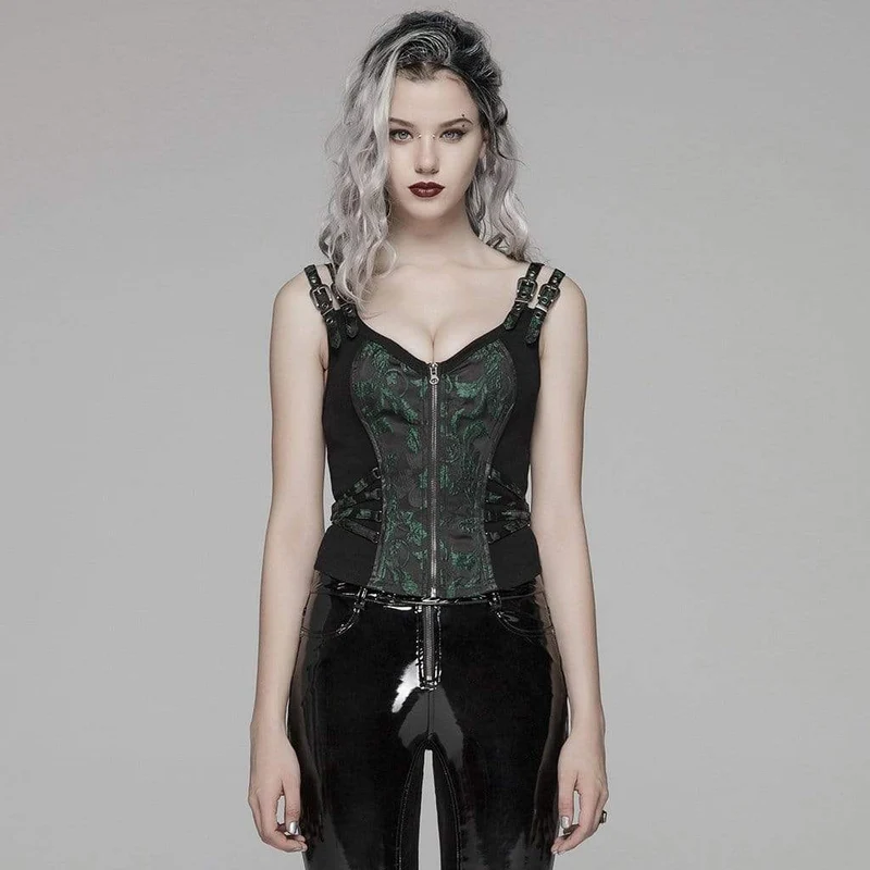 Damen Goth Front Zipper Schnürung Jacquard Weste
