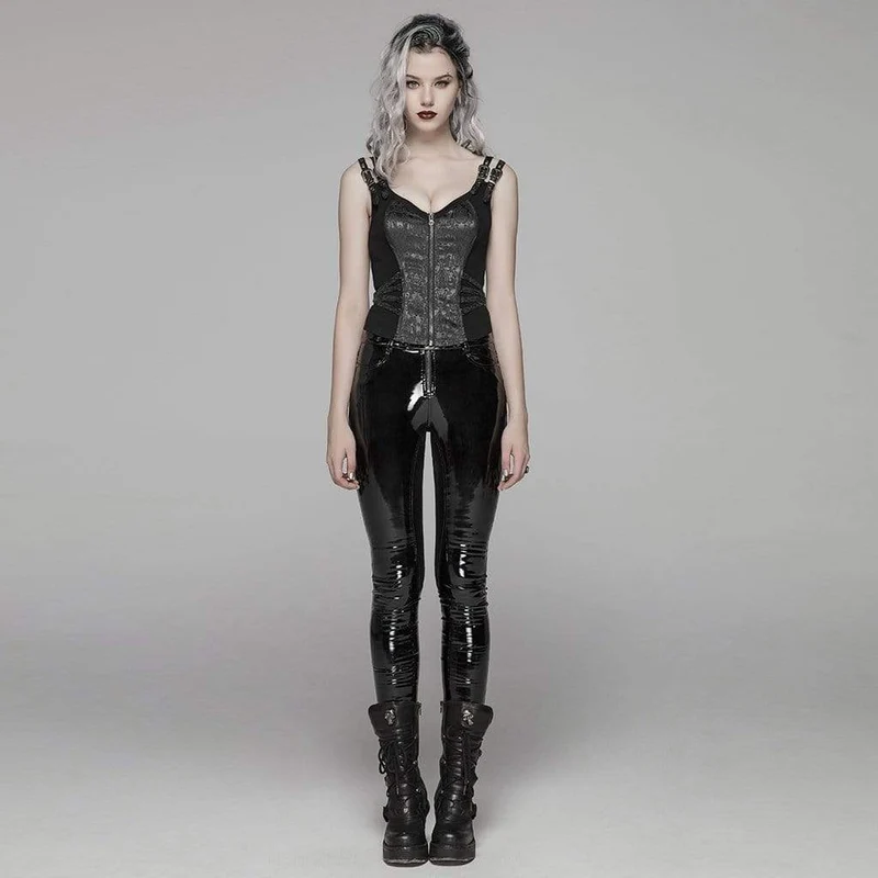 Damen Goth Front Zipper Schnürung Jacquard Weste