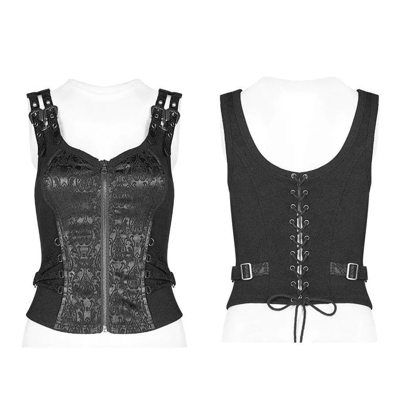 Damen Goth Front Zipper Schnürung Jacquard Weste