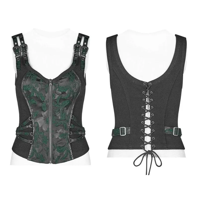 Damen Goth Front Zipper Schnürung Jacquard Weste