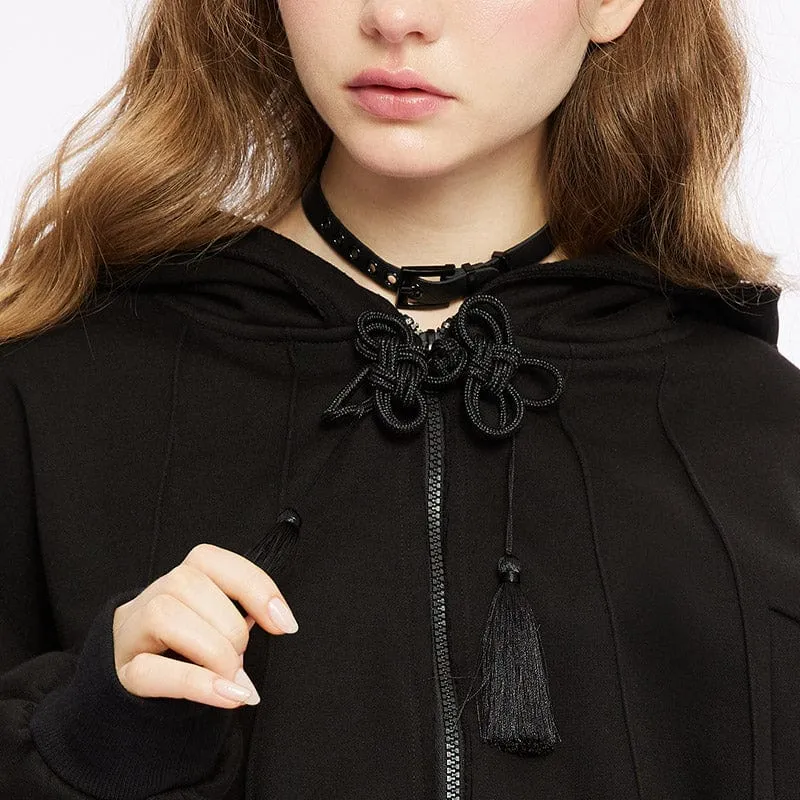Damen Punk Tassels Knot Kordelzugjacke mit Hexenkapuze