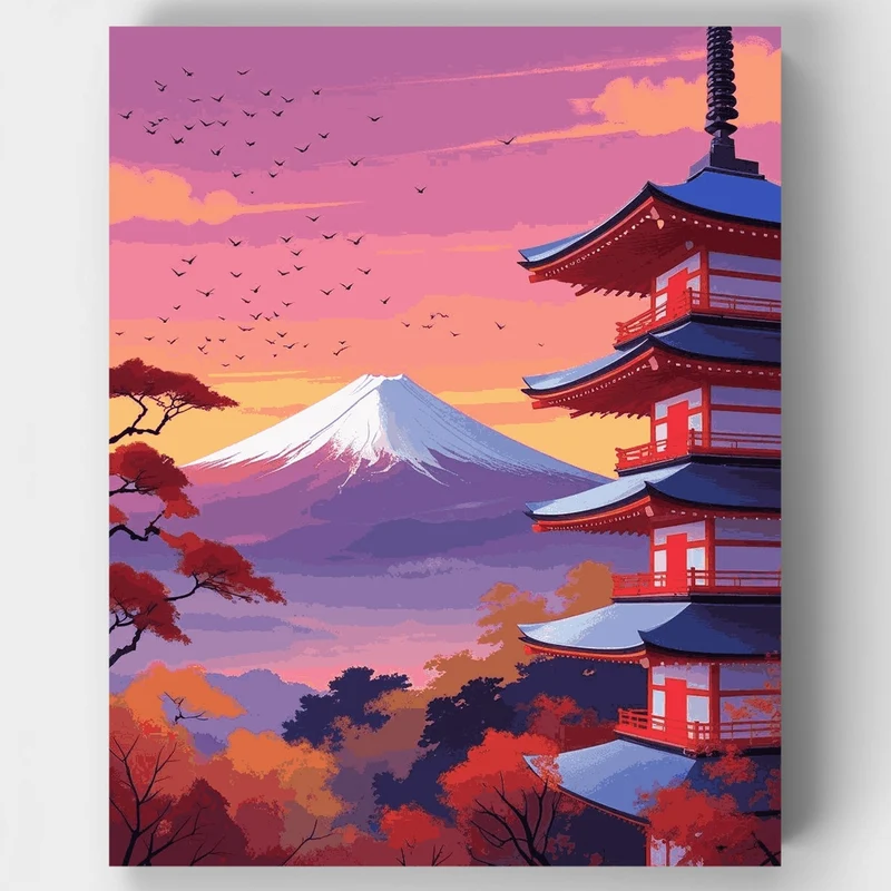 Mount Fuji and Chureito Pagoda at Sunset - Paint by Numbers Kit
