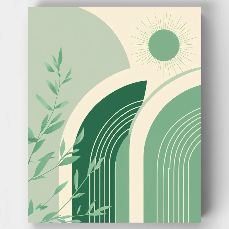 Boho Green Arches with Sun and Botanical Leaves - Paint by Numbers Kit
