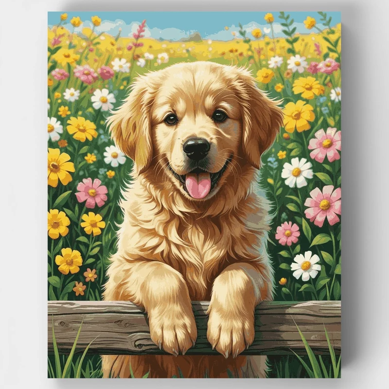 Golden Retriever Puppy in Wildflower Meadow - Paint by Numbers Kit