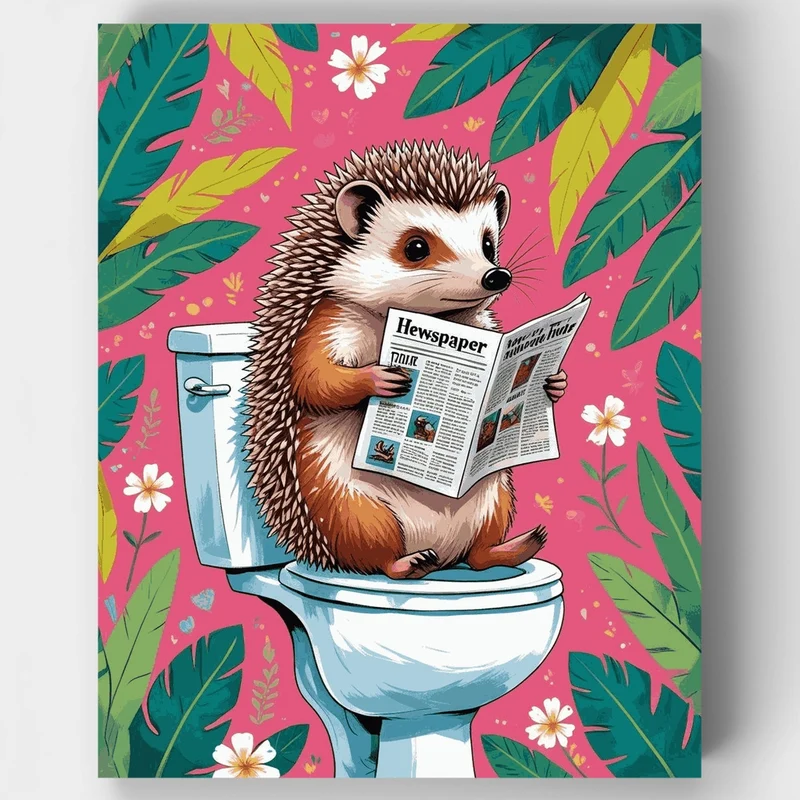 Hedgehog Reading Newspaper on Toilet - Paint by Numbers Kit