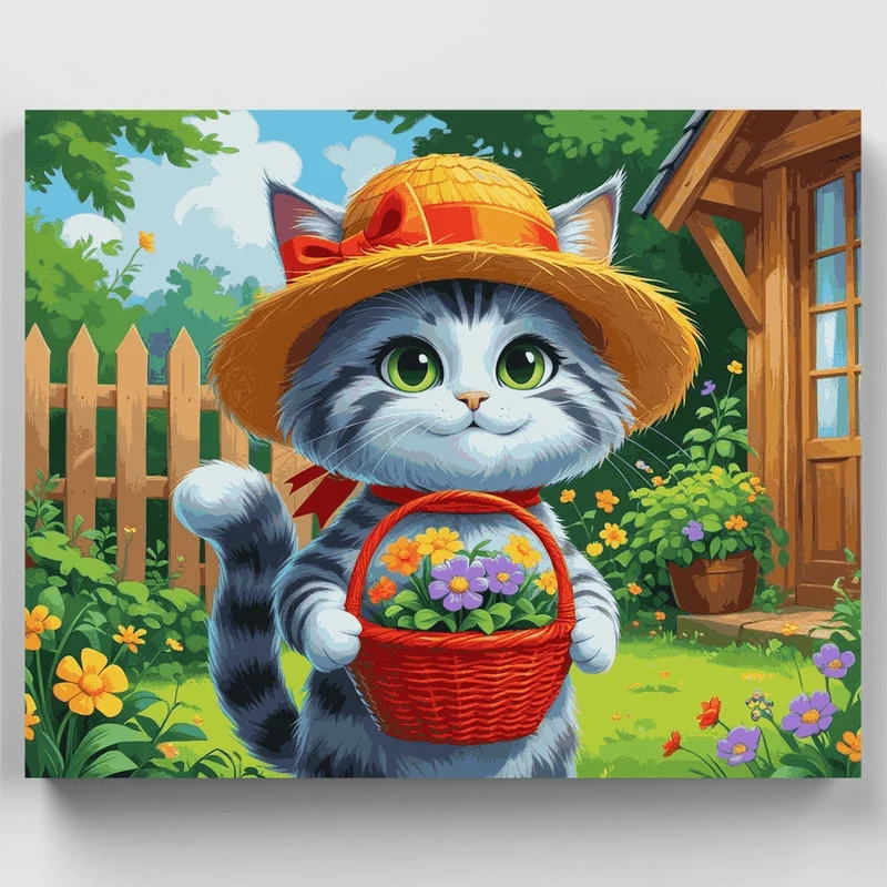 Cute Garden Kitty with Flower Basket - Paint by Numbers Kit