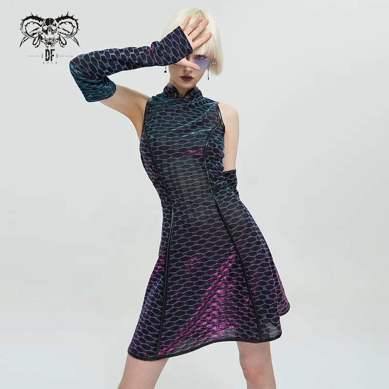 Damenkleid mit Grunge-Cheongsam-Kragen, Schuppenmuster und Überärmeln