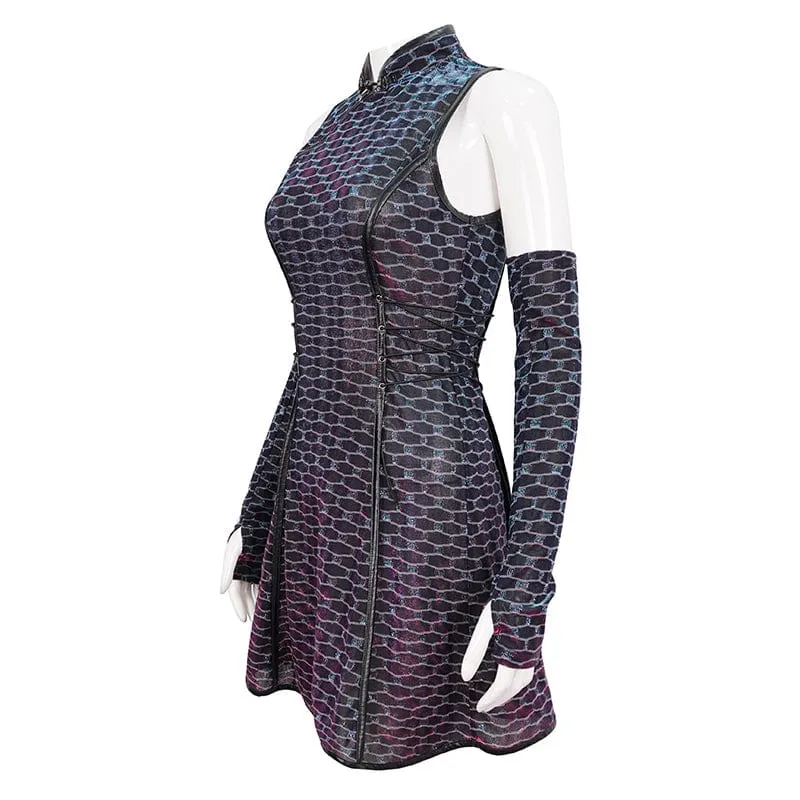 Damenkleid mit Grunge-Cheongsam-Kragen, Schuppenmuster und Überärmeln