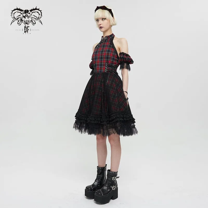 Damen Grunge schulterfreies Cheongsam-Kragen-kariertes Kleid