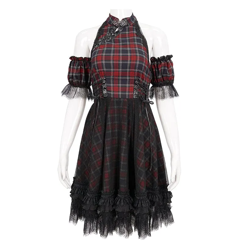 Damen Grunge schulterfreies Cheongsam-Kragen-kariertes Kleid