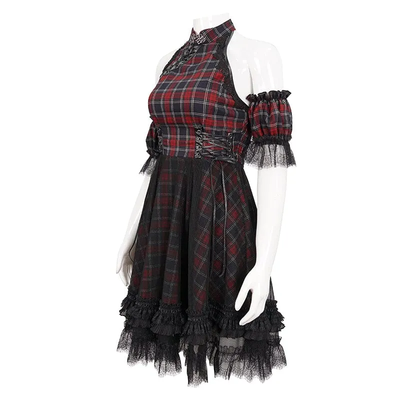 Damen Grunge schulterfreies Cheongsam-Kragen-kariertes Kleid