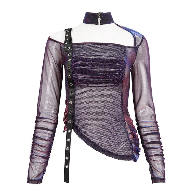 Damen Grunge Slash Shoulder Chromatic Sheer Shirt