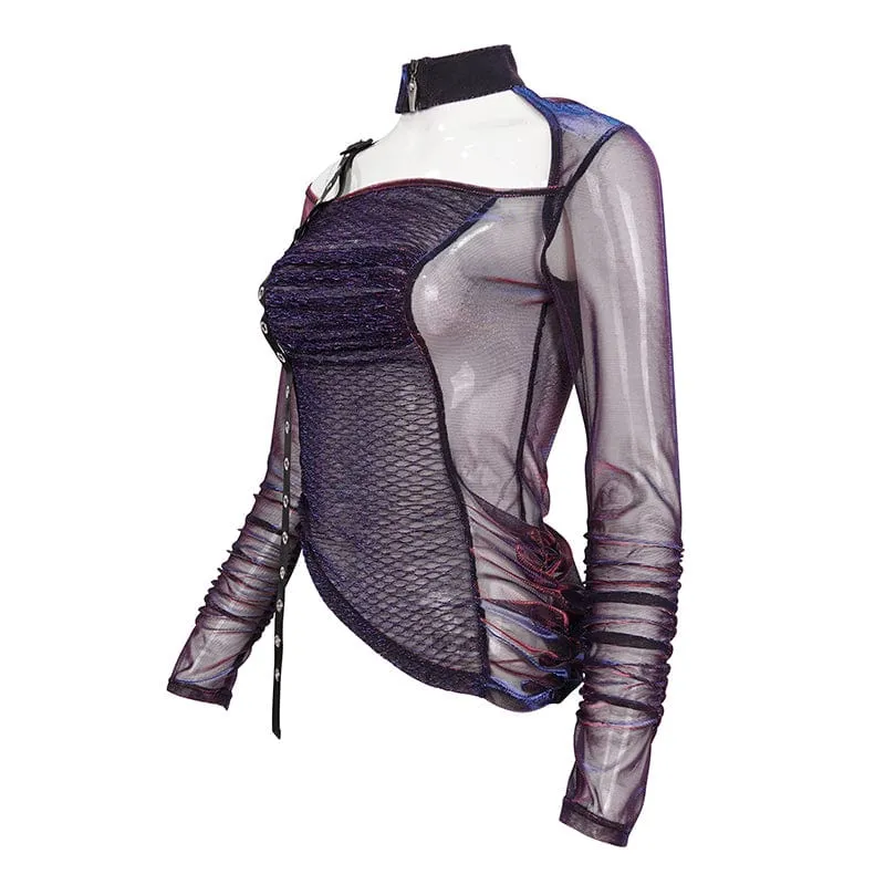 Damen Grunge Slash Shoulder Chromatic Sheer Shirt