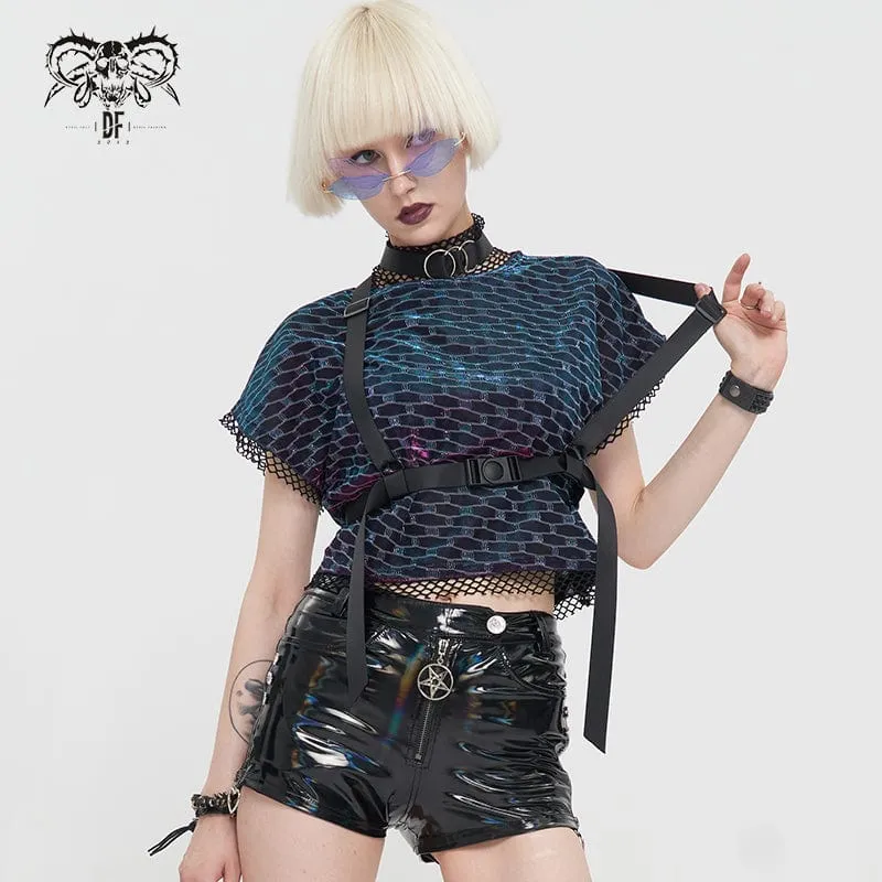 Crop-Top aus gespleißtem Mesh mit Grunge-Scaly-Print und Schnallenriemen für Damen