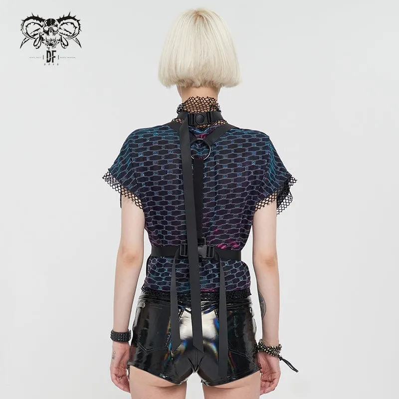 Crop-Top aus gespleißtem Mesh mit Grunge-Scaly-Print und Schnallenriemen für Damen