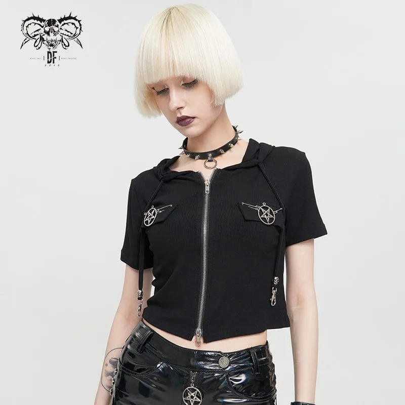 Damen Punk Metal Star Kurzarm Crop Top mit doppeltem Reißverschluss