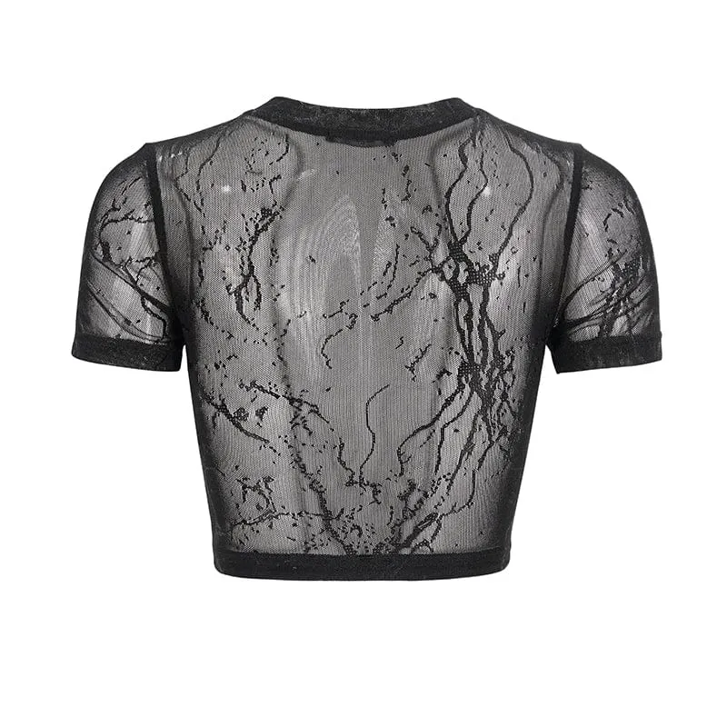 Damen Punk Strappy Mesh Splice Kunstleder Crop Top