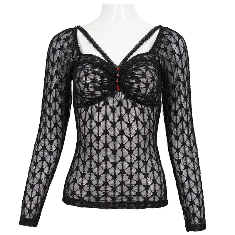 Damen-Punk-Perlen-Sheer-Mesh-Shirt