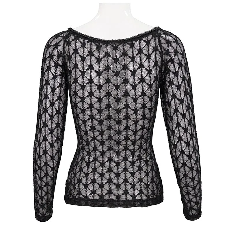 Damen-Punk-Perlen-Sheer-Mesh-Shirt