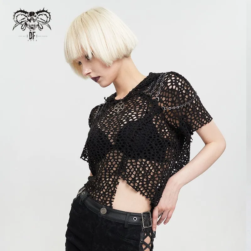 Damen Punk Unregelmäßiges Riemchen-Mesh-Kurzarmhemd