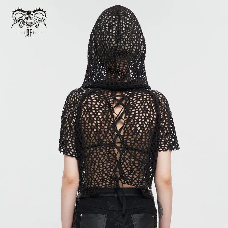 Damen Punk Unregelmäßiges Riemchen-Mesh-Kurzarmhemd