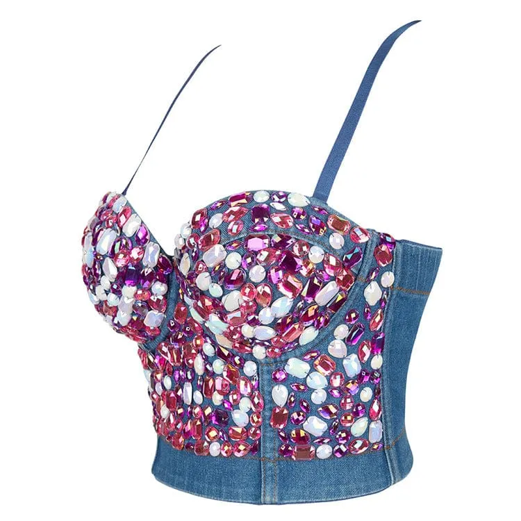 Gothic-Denim-Bustier mit Kristalldruck für Damen