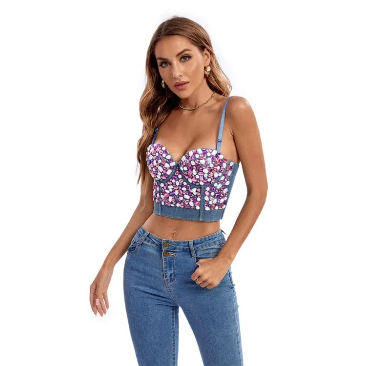Gothic-Denim-Bustier mit Kristalldruck für Damen
