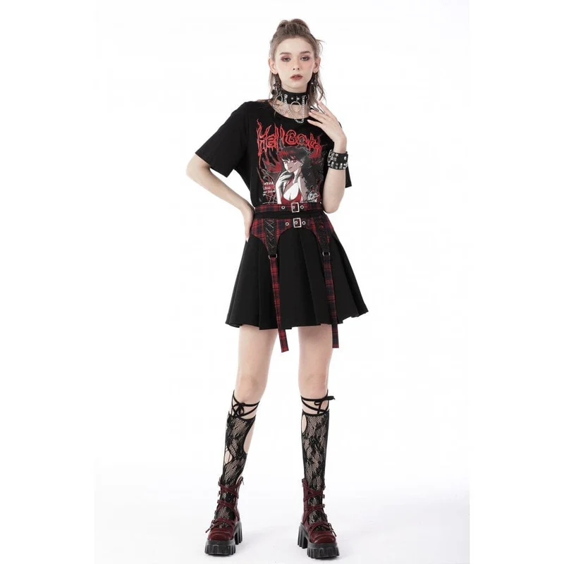 Damen Punk Rock Faltenrock mit rot kariertem Riemen
