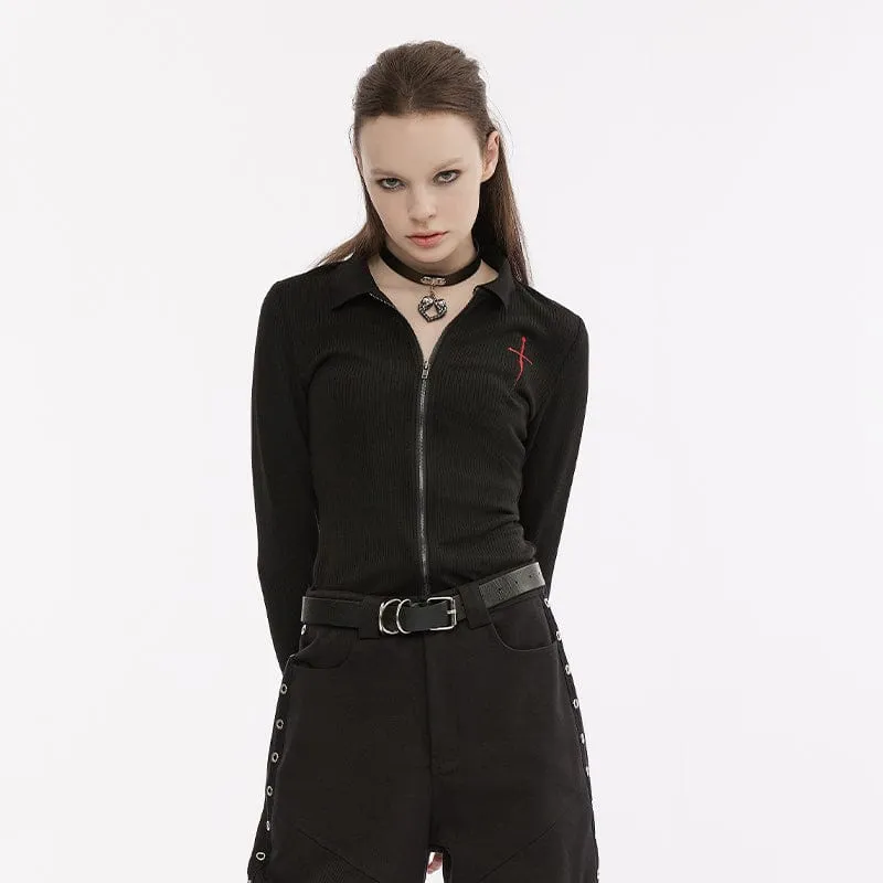 Strickjacke mit Reißverschluss und Punk-Kreuz-Stickerei für Damen