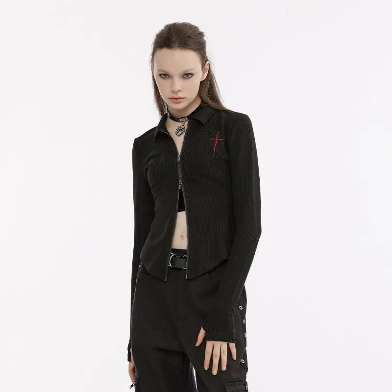 Strickjacke mit Reißverschluss und Punk-Kreuz-Stickerei für Damen