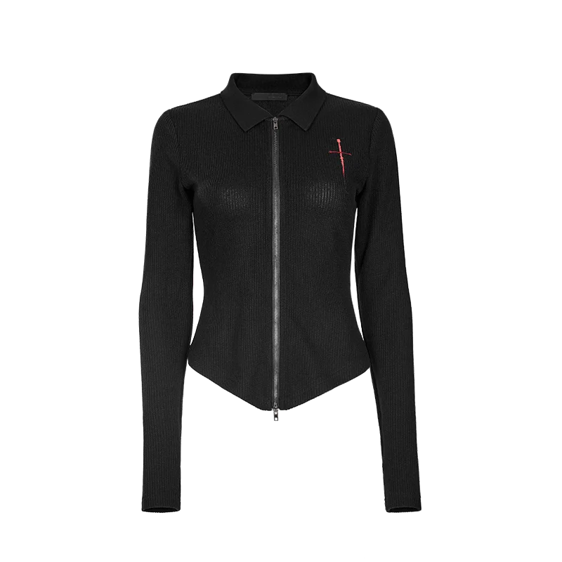 Strickjacke mit Reißverschluss und Punk-Kreuz-Stickerei für Damen
