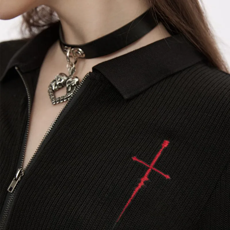 Strickjacke mit Reißverschluss und Punk-Kreuz-Stickerei für Damen