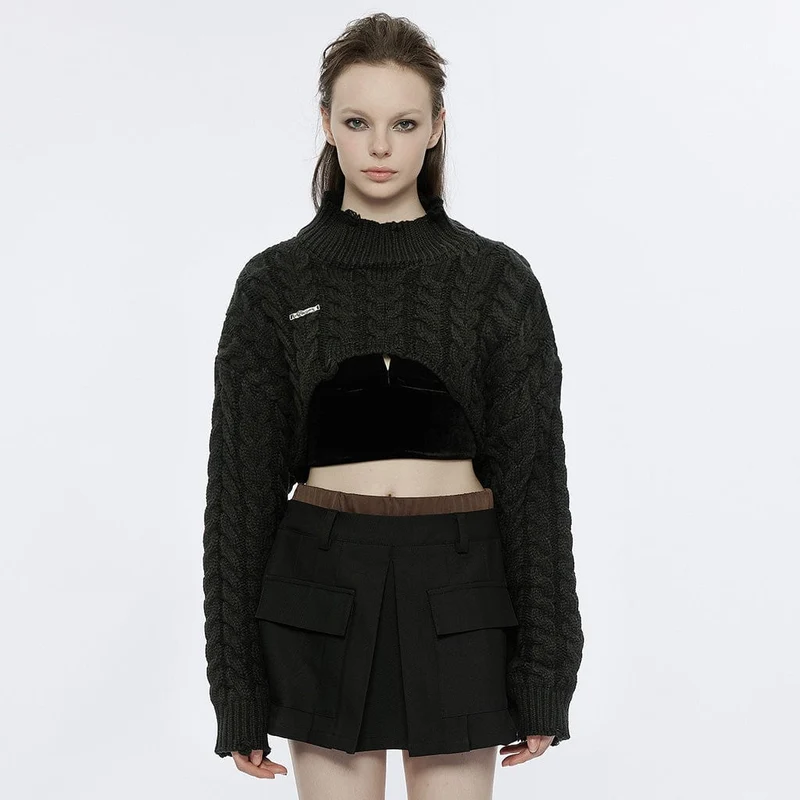 Damen Grunge Stehkragen Zopfmuster Kurzer Pullover