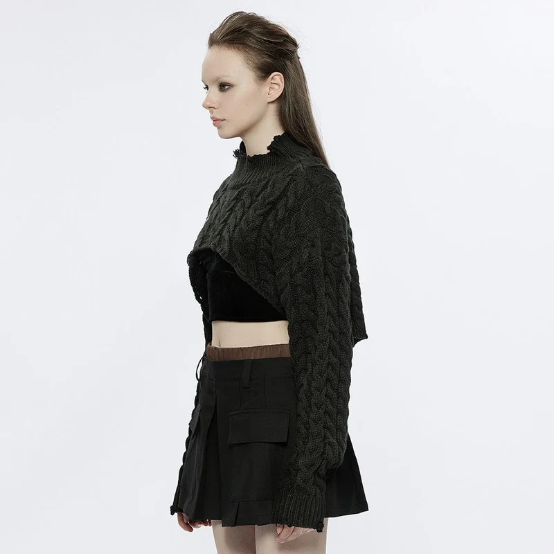 Damen Grunge Stehkragen Zopfmuster Kurzer Pullover