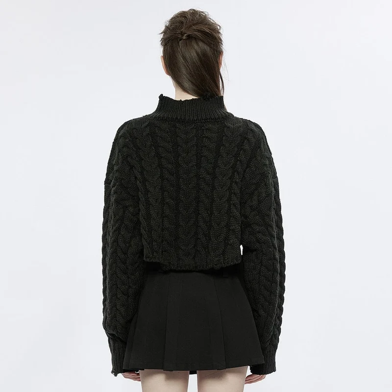 Damen Grunge Stehkragen Zopfmuster Kurzer Pullover