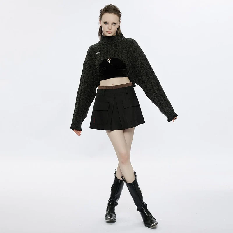 Damen Grunge Stehkragen Zopfmuster Kurzer Pullover