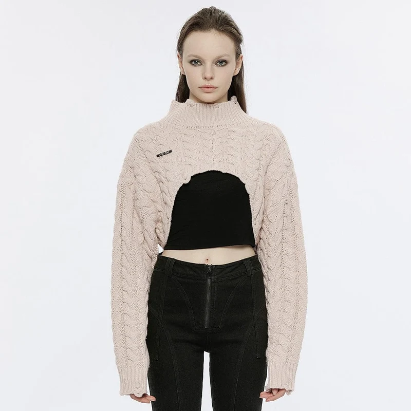 Damen Grunge Stehkragen Zopfmuster Kurzer Pullover
