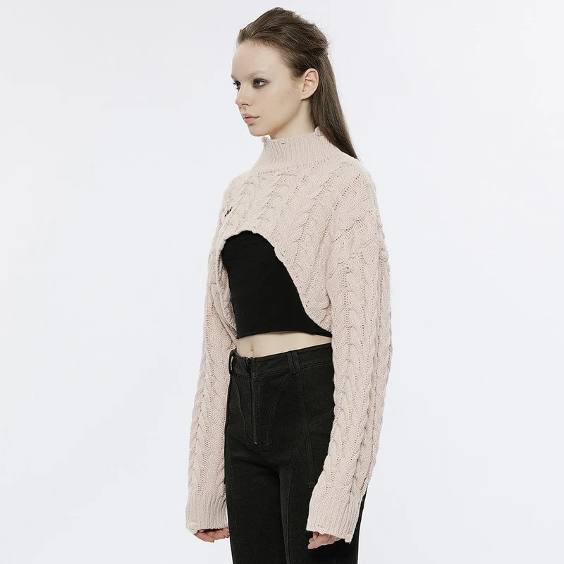 Damen Grunge Stehkragen Zopfmuster Kurzer Pullover